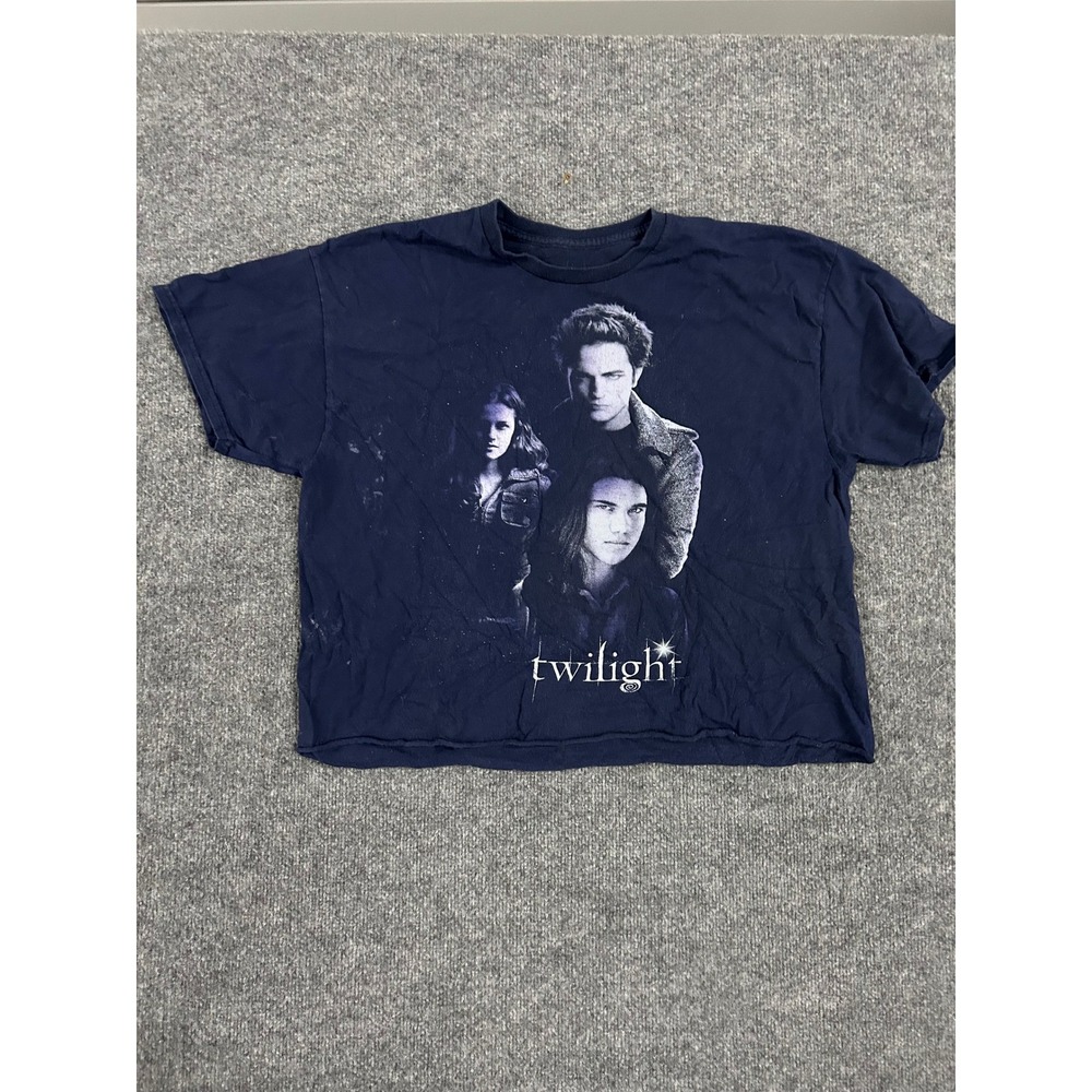 Twilight T-Shirt Womens Size XL Navy Blue Cropped Graphic Movie Tee Raw Hem Flaw